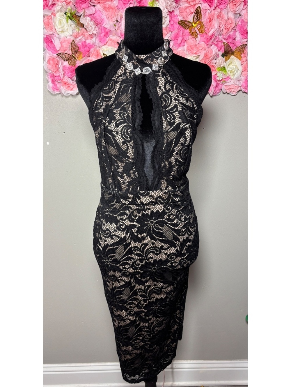 MadRag Black Lace Halter Midi Dress L Rhinestone Y2K McBling Goth Bodycon